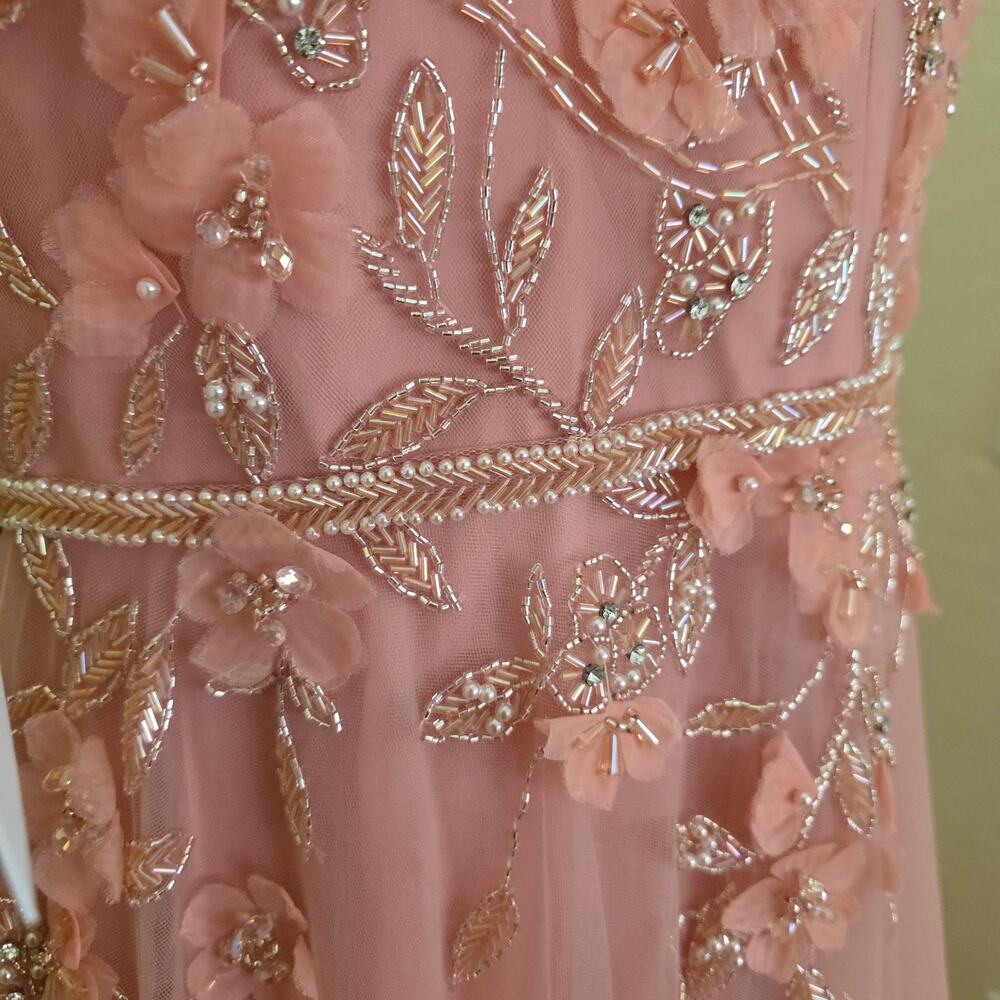 Mac Duggal Formal Pink Maxi Beaded Dress 11224 Tulle Salmon Flowers Gown 16 - Picture 7 of 14